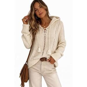 Cream Lace-Up Knit Hoodie Sweater for Women